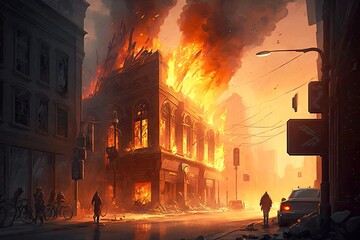 Wall Mural - a street in a busy city, with smoke and flames rising from a building that was destroyed by fire., created with generative ai