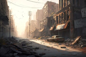 Wall Mural - a desolate city street, with charred buildings and debris scattered everywhere., created with generative ai