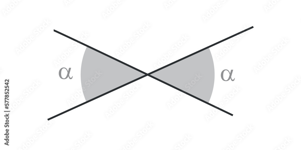 Vertically opposite angles diagram in mathematics. Vertical angles and intersecting lines. Vector illustration isolated on white background.