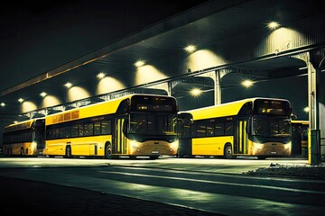 Sticker - illuminated bus depot for night trips with yellow buses, created with generative ai