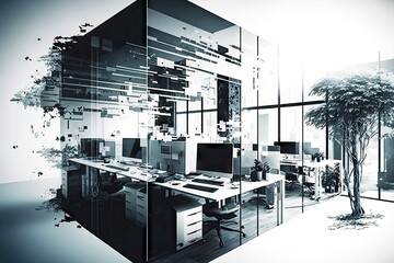 Canvas Print - business enterprise, modern office interior with computer and double exposure, created with generative ai