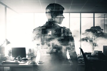 Poster - double exposure worker user on cell phone in office interior, business and technology concept, created with generative ai