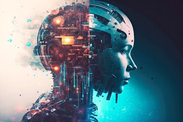 Poster - tech robot and brain, technology future double exposure background, created with generative ai