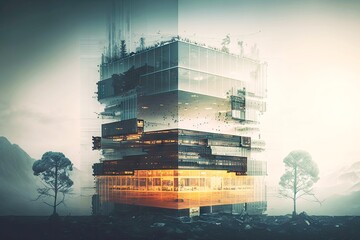 Poster - large company constructing business tower, double exposure, created with generative ai