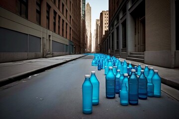 Poster - urban space without people with bright blue plastic bottles cans an empty city, created with generative ai