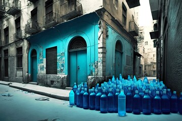 Poster - urban space without people with bright blue plastic bottles cans an empty city, created with generative ai