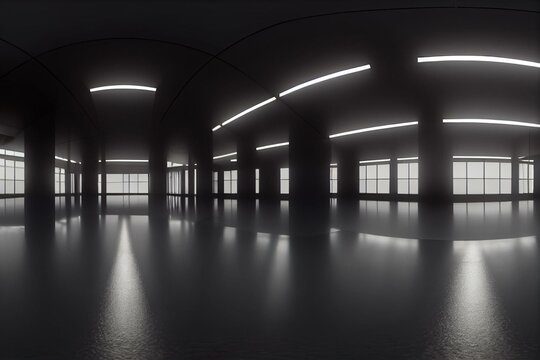 360 degree full panorama environment map of dark futuristic studio laboratory empty hall 3d render i