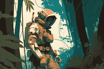 Wall Mural - astronaut in forest created using ai generative technology