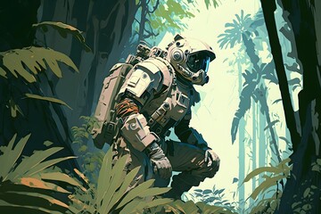 Wall Mural - astronaut in forest created using ai generative technology