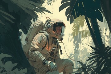 Wall Mural - astronaut in forest created using ai generative technology