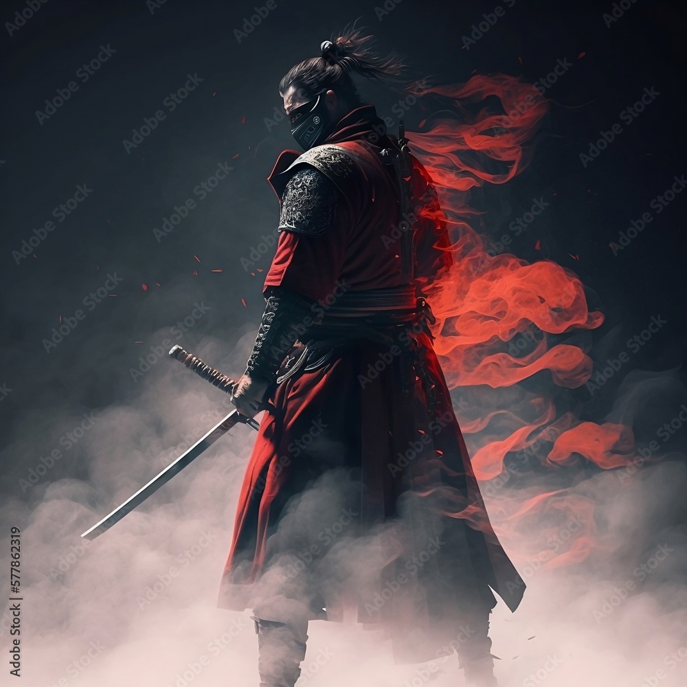 Samurai in the smoke. Smoke. Samurai on a dark background. Warrior
