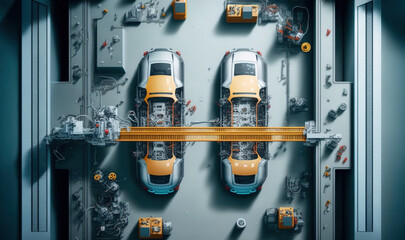 Top View Car Factory with Automated Robot Arm Assembly Line Manufacturing . Sublime Generative AI image .