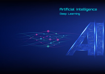 Fototapete - Abstract Background AI Neural Network Interface machine learning technology artificial intelligence Illuminated circuits on letters blue gradient background
