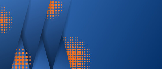 Wall Mural - Modern abstract blue overlap stripes banner background decorate with shadows and orange circular halftone dots effect. EPS10 vector illustration.