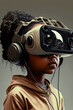 © saquizeta - Child with VR headset in fantasy world. Kids and Metaverse. Children of the future. generation alpha, Illustration. Generative AI