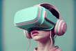 © saquizeta - Futuristic young woman with VR headset in cyberspace exploring the metaverse. minimal and clean in Pink and blue pastel tones. virtual world. Illustration. Generative AI