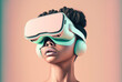 © saquizeta - Futuristic black young woman with VR headset in cyberspace exploring the metaverse. minimal and clean in  pastel tones. virtual world. Illustration. Generative AI