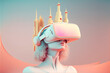 © saquizeta - Futuristic young woman with VR headset iexploring the metaverse. minimal and clean in pastel tones. virtual world. Illustration. Generative AI