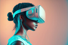 Futuristic Black Young Woman With VR Headset In Cyberspace Exploring The Metaverse. Minimal And Clean In  Pastel Tones. Virtual World. Illustration. Generative AI
