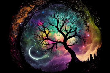 Wall Mural - Tree of the universe on cosmic background. Abstract colorful fantasy art. Generative AI  