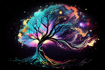 Wall Mural - Tree of the universe on cosmic background. Abstract colorful fantasy art. Generative AI  