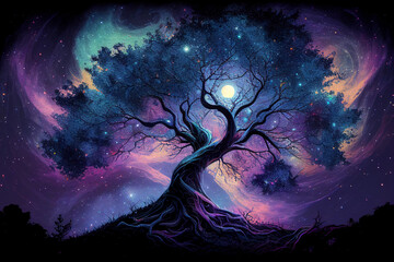 Wall Mural - Tree of the universe on cosmic background. Abstract colorful fantasy art. Generative AI  