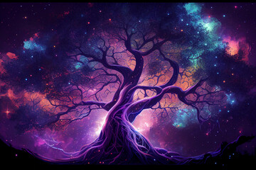 Wall Mural - Tree of the universe on cosmic background. Abstract colorful fantasy art. Generative AI  