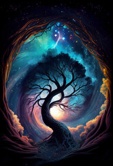 Wall Mural - Tree of the universe on cosmic background. Abstract colorful fantasy art. Generative AI  