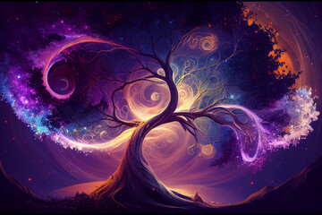 Tree of the universe on cosmic background. Abstract colorful fantasy art. Generative AI  