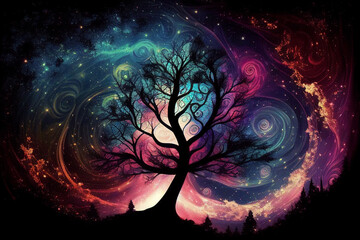 Wall Mural - Tree of the universe on cosmic background. Abstract colorful fantasy art. Generative AI  