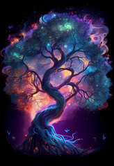 Wall Mural - Tree of the universe on cosmic background. Abstract colorful fantasy art. Generative AI  