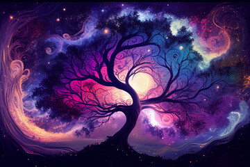 Wall Mural - Tree of the universe on cosmic background. Abstract colorful fantasy art. Generative AI  