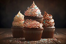 A Stack Of Decadent Chocolate Cupcakes With Frosting And Sprinkles On Top., Created With Generative Ai