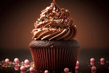 A Stack Of Decadent Chocolate Cupcakes With Frosting And Sprinkles On Top., Created With Generative Ai