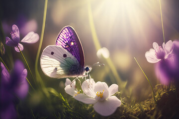 Purple butterfly on wild white violet flowers in grass in rays of sunlight, macro. Spring summer fresh artistic image of beauty morning nature. Selective soft focus