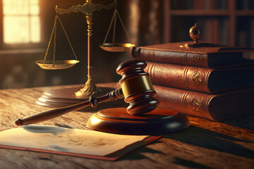 A judge's gavel, scales and books in an empty courtroom in the background, close-up.