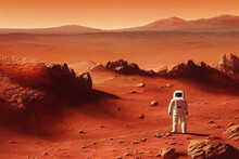 Ravishing digital illustration of Mars landscape feature with red surface and mountain with astronaut. Space exploration and martian on red planet concept by generative AI.