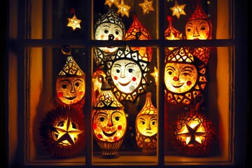 Sticker - bright christmas lanterns on window with faces and decorations in form of stars, created with generative ai