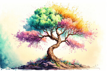 Wall Mural - The tree of life in colorful spring watercolor painting style . Sublime Generative AI image .