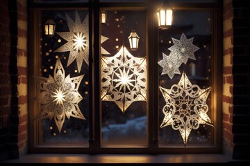 Sticker - festive christmas lanterns on window in shape of snowflakes and stars, created with generative ai