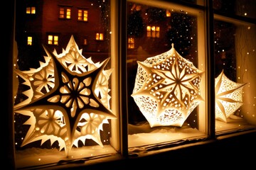 Sticker - festive christmas lanterns on window in shape of snowflakes and stars, created with generative ai