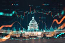 Front View, Capitol Dome Building At Night, Washington DC, USA. Illuminated Home Of Congress And Capitol Hill. Forex Graph Hologram. The Concept Of Internet Trading, Brokerage And Fundamental Analysis