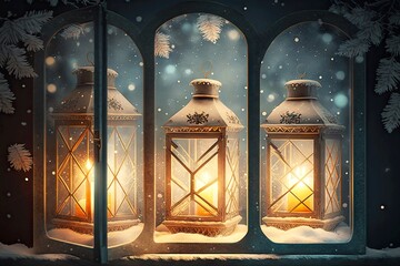 Sticker - bright festive christmas lanterns on window with snowflakes and fir branches, created with generative ai