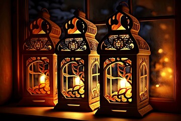 Sticker - christmas lanterns on window glowing in dark night illumination, created with generative ai