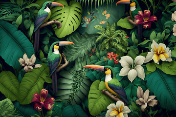 Various tropical leaves and birds exotic wallpaper design . Sublime Generative AI image .