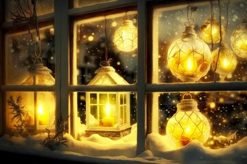 Sticker - christmas lanterns on window white yellow lights in house, created with generative ai