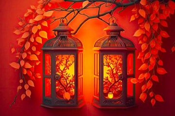 Sticker - christmas red christmas lanterns on window against orange background with branches and leaves, created with generative ai