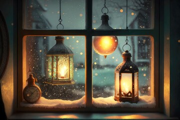 Sticker - christmas lanterns on window glowing bulb hanging in house window, created with generative ai