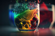 closeup of a glass in a chemical reaction with different colored substances. Generative AI