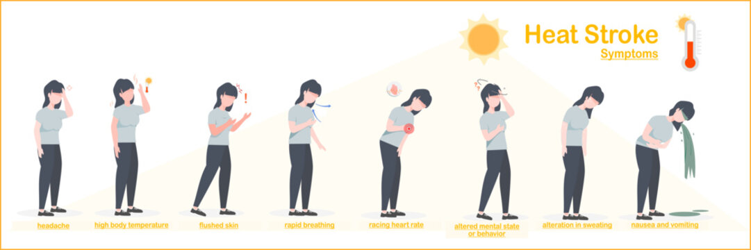 vector illustrations banner design of heat stroke symptoms.headache,nausea and vomiting,flushed skin